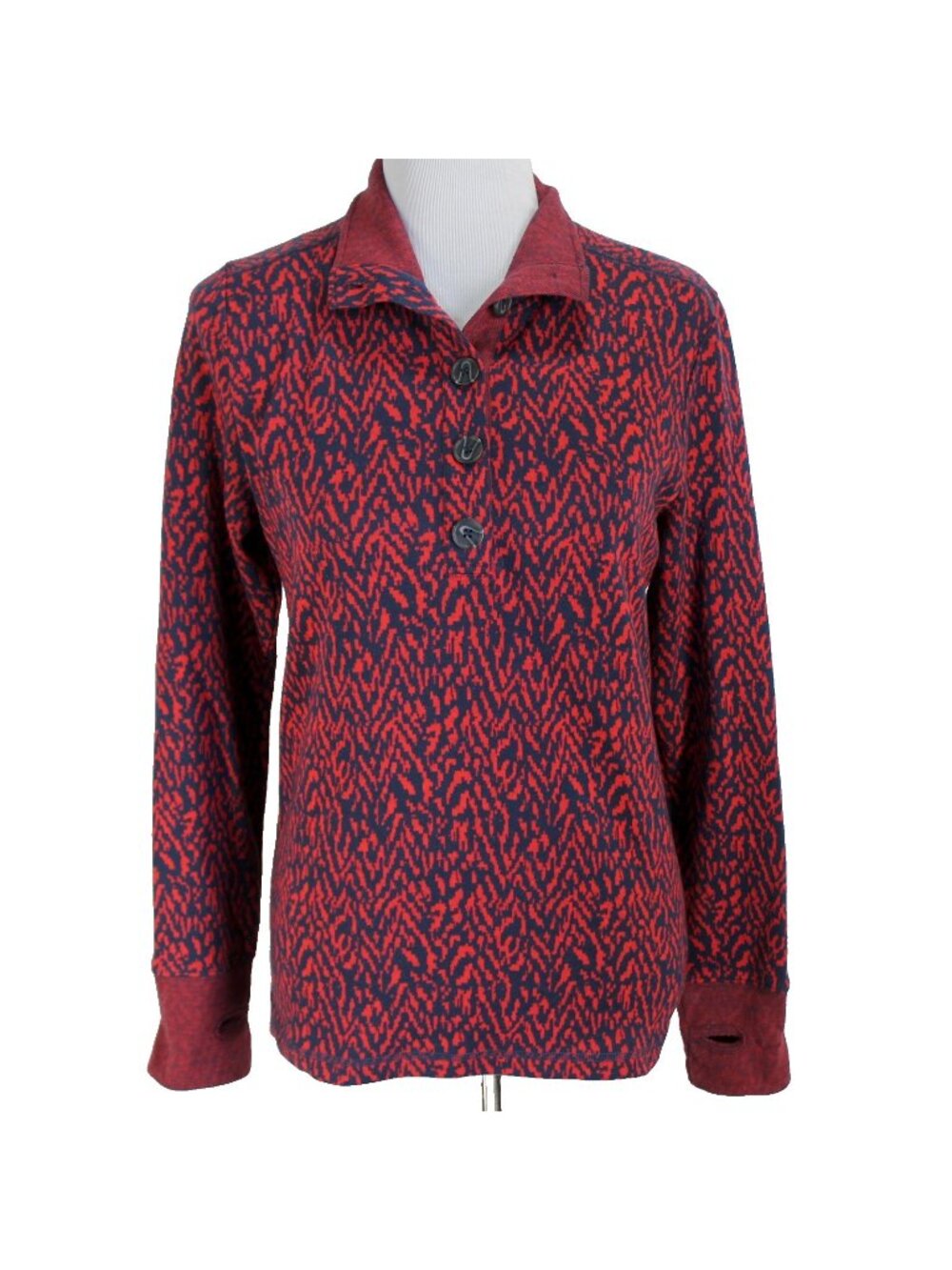 Kavu Lopez 1/4 Button Pullover Womens Size M Red Blue Long Sleeve Thumbholes Top